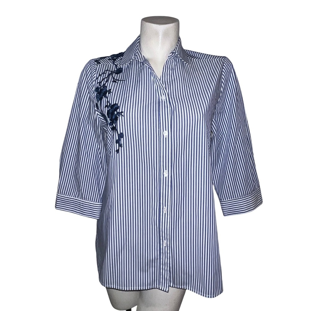 Chico's Striped Floral Embroidered Button Shirt Blue White 3/4 Sleeve Size M (1)